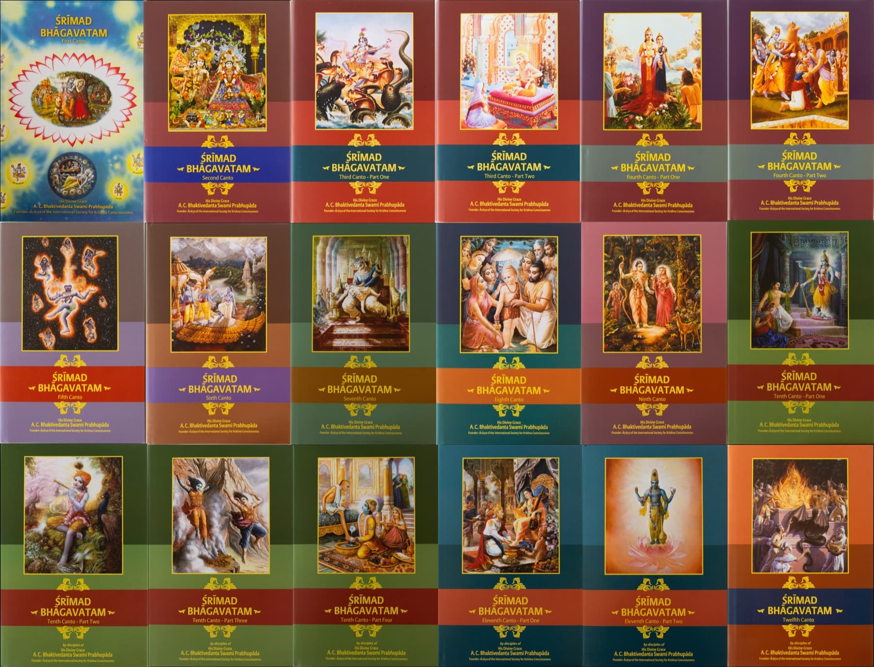 The eighteen-volume Śrīmad-Bhāgavatam set with colorful covers arranged in rows