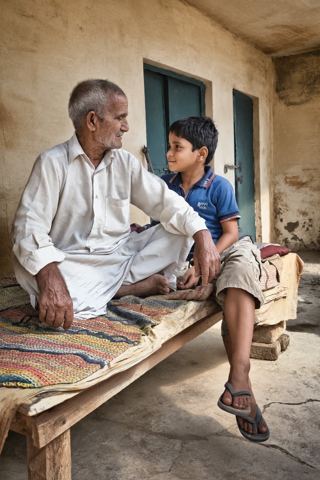 A grandfather and grandson talking on a woven cot outside their home